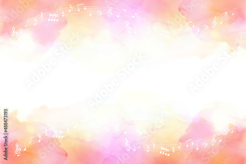 音符とピンクの水彩タッチの背景

