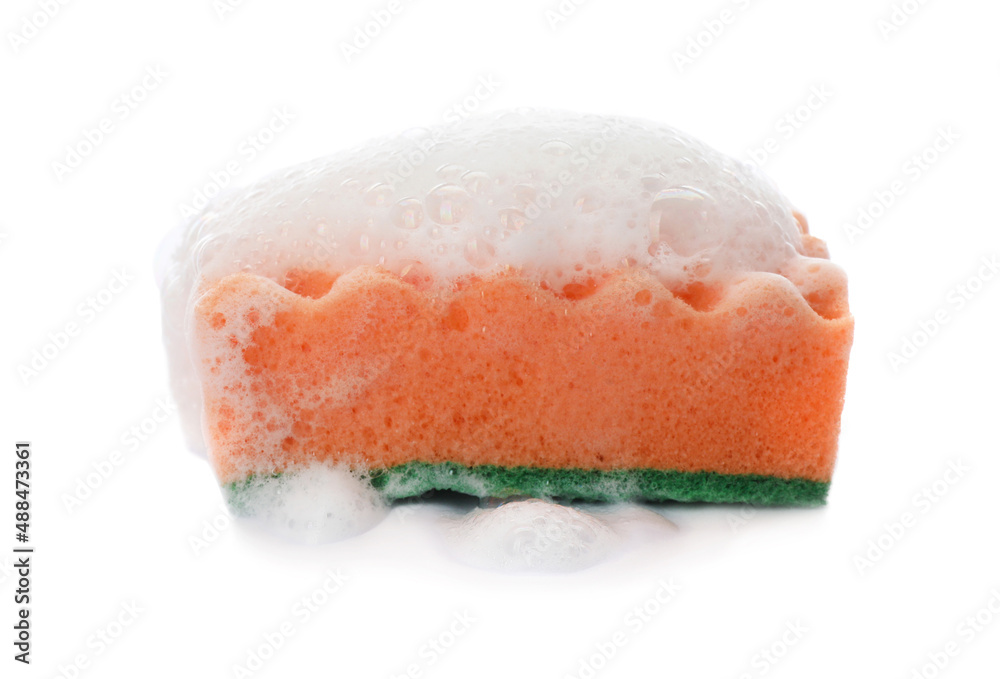 Orange cleaning sponge with foam on white background Orange cleaning sponge with foam on white background