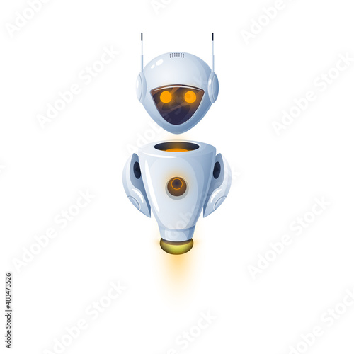 Humanoid robot isolated modern kids toy, white robotic friendly bot. Vector artificial intelligence electronic automaton, space bot, futuristic cyborg digital character with big eyes, flying android