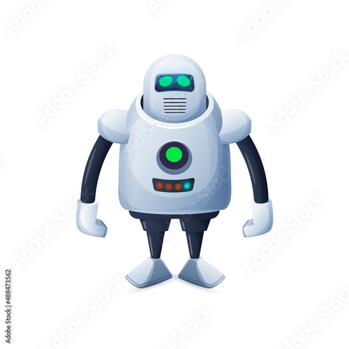 Robot with arms, and green button on body isolated kids toy. Vector plastic robot, sci-fi hi-tech machine, artificial intelligence. Android automation full length futuristic character, cyborg humanoid