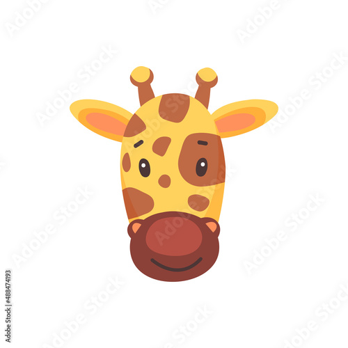 Giraffe cute animal face isolated flat cartoon head. Vector camelopard funny childish mask  kids safari or jungle mammal avatar. Cute comic emoticon emoji design  savanna herbivore  childish giraffe
