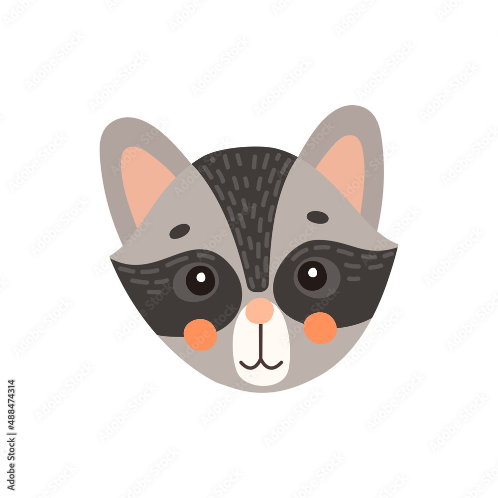 Obraz premium Raccoon cute animal face isolated flat cartoon head. Vector racoon funny childish mask, kids grey and black animal, funny coon childish avatar, pretty kids portrait. Cute comic emoticon emoji design