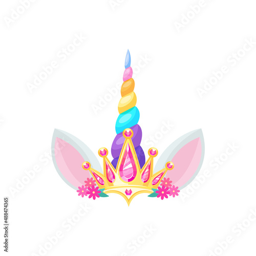 Magic unicorn head with rainbow horn, golden diamond crown and flowers, pair of ears isolated flat cartoon icon. Vector pink daisies with green leaves. Cute magic horse animal, unique horn decor