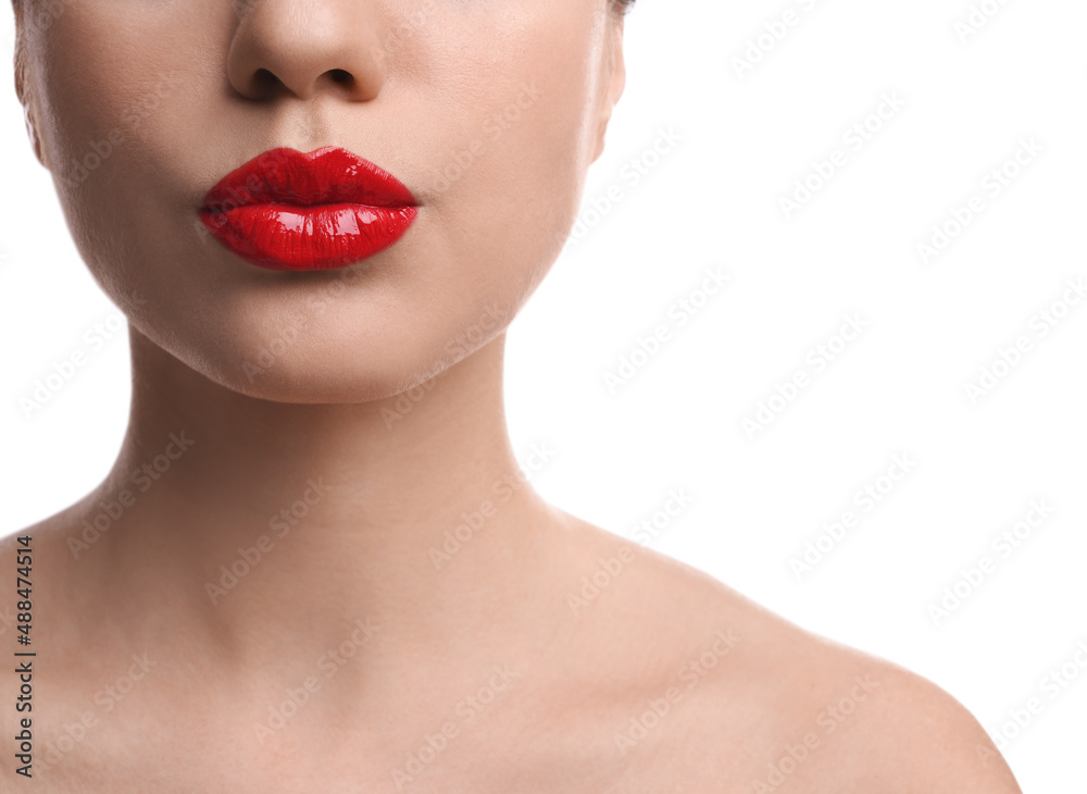 Closeup view of beautiful woman puckering lips for kiss on white background Closeup view of beautiful woman puckering lips for kiss on white background