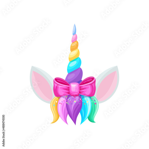 Unicorn head with hair bang, rainbow horn and pair of ears, pink silk bow. Vector baby pony horse fairy tale animal cute magic head with sparkles and glitters, girlish hairstyle decoration element