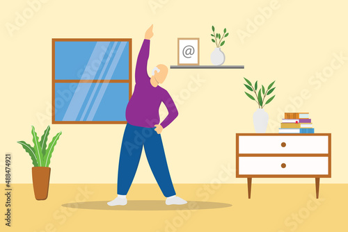 old elderly man workout fitness stretching at home with modern flat style