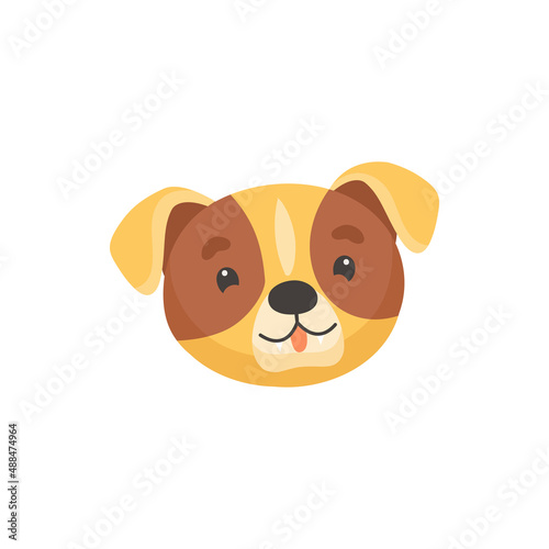 Puggle puppy cute dog muzzle isolated flat cartoon face head mask. Vector canine animal portrait, crossbreed between Beagle and Pug, cute pet portrait, pedigree puggle dog emoji emoticon photo