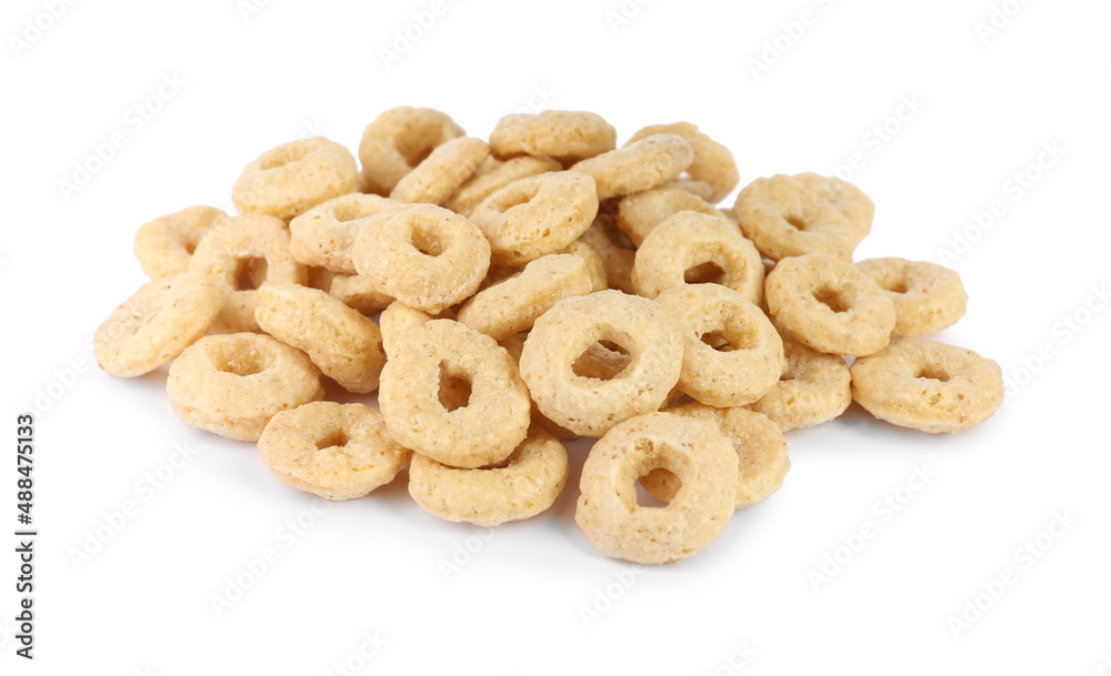 Sweet crispy corn rings on white background. Breakfast cereal Sweet crispy corn rings on white background. Breakfast cereal