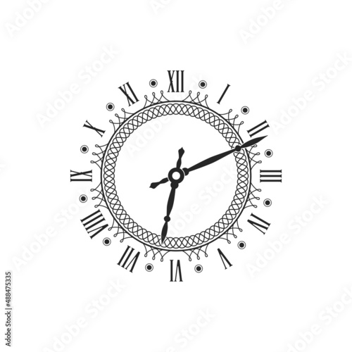Clock with vintage round dial isolated monochrome icon. Vector watch face with black and white timepiece, antique wall or pocket watch with roman numerals and ornate clock hands, time design