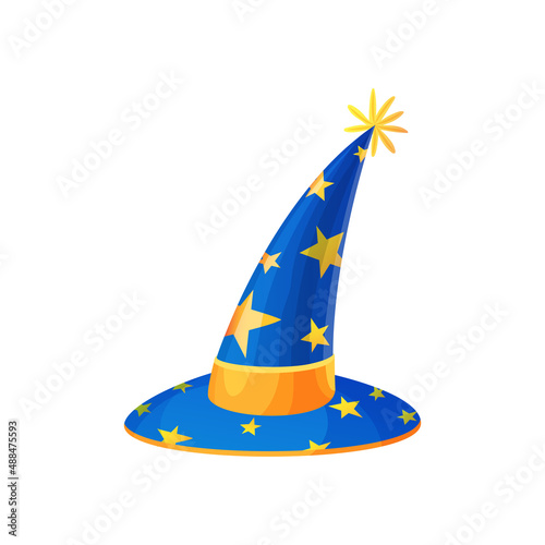 Halloween hat of cone shape with stars and golden ribbon isolated cartoon icon. Vector stargazer, witch wizard, fairy godmother cap decorated with stars. Magic headwear for Halloween holiday design