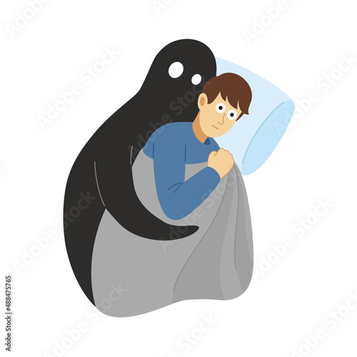 Mental problems, psychological instability concept. Scared man suffers of phobia, fears, depressive disorder, paranoia. Fear of the dark. Vector Illustration in flat style