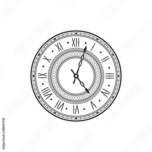 Antique mechanical clock dial isolated monochrome icon. Vector decorative watch-face, minute, hour and second arrow hands pointers, aged clockwise dial with roman numerals, ticking ornamental watch