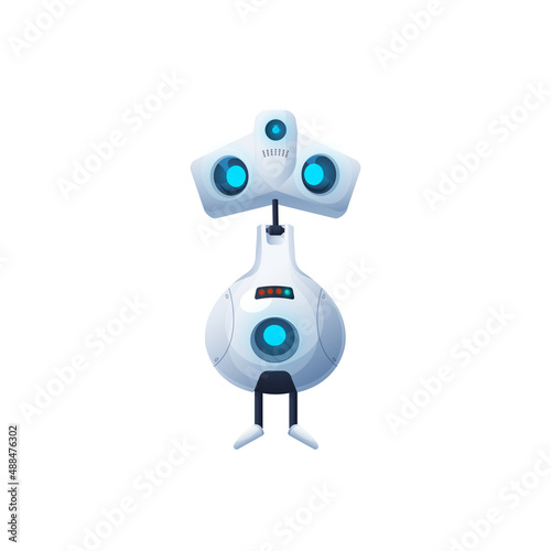 Electronic humanoid isolated icon. Vector future robot cartoon character, cute cyborg or robotic house assistant with artificial intelligence technology, alien life machine with glowing neon eyes