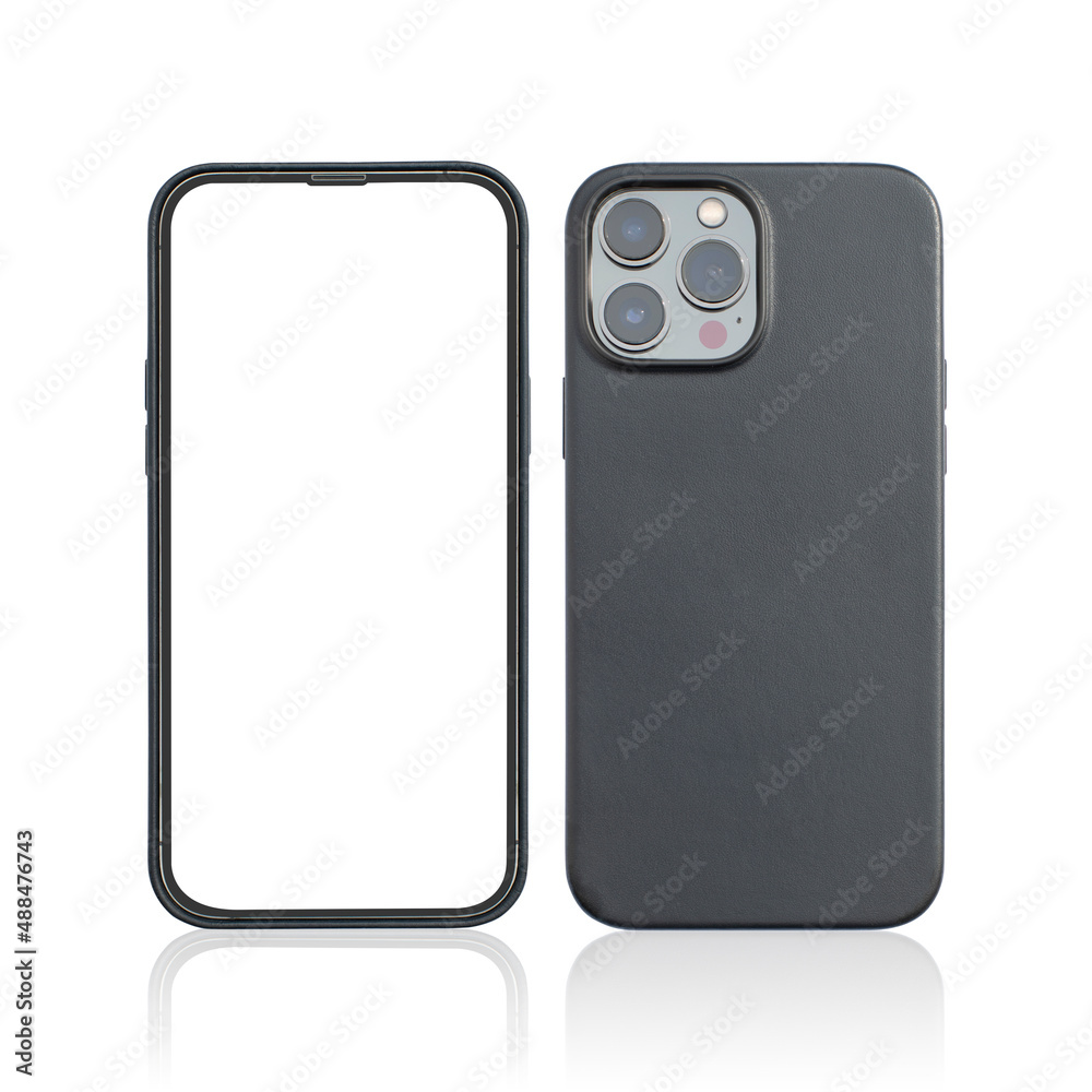 front and back view, blank screen mobile phone in leather case luxury isolated on white background. front and back view, blank screen mobile phone in leather case luxury isolated on white background.