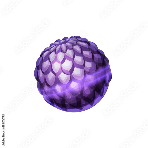 Fantasy planet of purple rocks, fairy alien world isolated flat cartoon icon. Vector habitable planet, cosmic globe, outer space microorganism, mutagen or live cell sign, cosmic universe photo