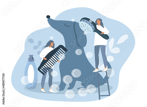 vector hand drawn illustration in flat style on the theme of grooming, animal care. two women comb and wash a large dog.