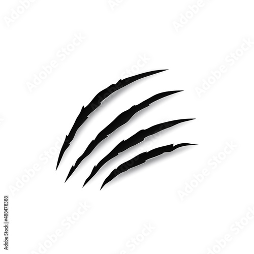 Animals nails trace on paper isolated black bloody claws animal scratch scrape track. Vector four nails trace, cat tiger scratches paw shape, ripped dinosaur, panthera or lion horror slash marks