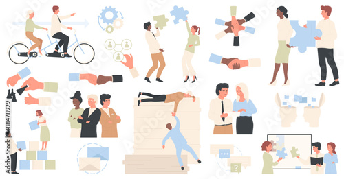 Teamwork of business people set vector illustration. Cartoon team of corporate office workers work on productive strategy, support in career isolated on white. Partnership, communication concept
