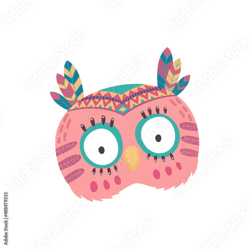 Indian owl native american bird face mask with feathers isolated tribal headdress cartoon icon. Vector howlet fowl face, carnival party headband. Head with national ornaments, wildlife animal mascot photo