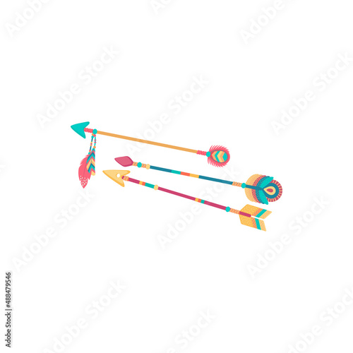 Indian bow arrow with feathers in tribal style isolated flat cartoon icon. Vector aztec archer or catcher traditional shooting equipment. Ethnic arrow, native americans retro weapon, archery object