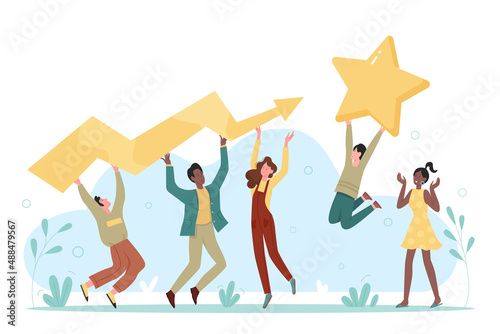 Teamwork and business challenge to achieve goal. Tiny people holding growing long arrow to target, success orientation of team flat vector illustration. Partnership, ambition, achievement concept photo