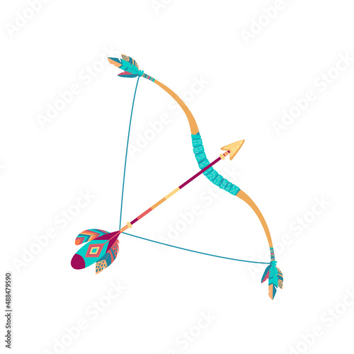Bow and arrows isolated indians native americans weapon with feathers. Vector ancient longbow decorated by aztec feathers, retro shooting equipment. Traditional ethnic archery mascot, tribal bow