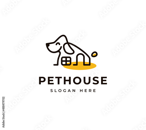 Adorable dog sitting line vector logo design. Friendly puppy paw happy logo design