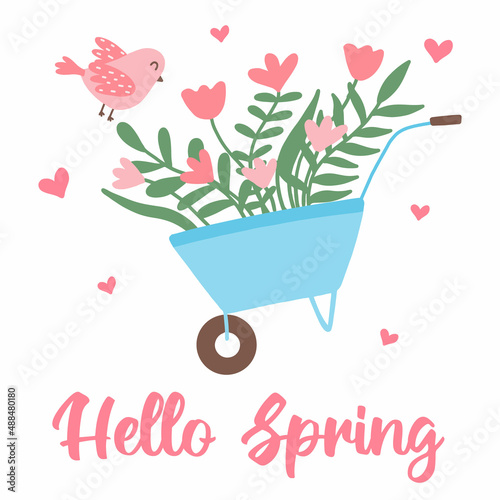 Cute postcard with garden wheelbarrow and flowers. Garden wheelbarrow with flowers and a bird. Spring postcard. Vector illustration in cartoon style.
