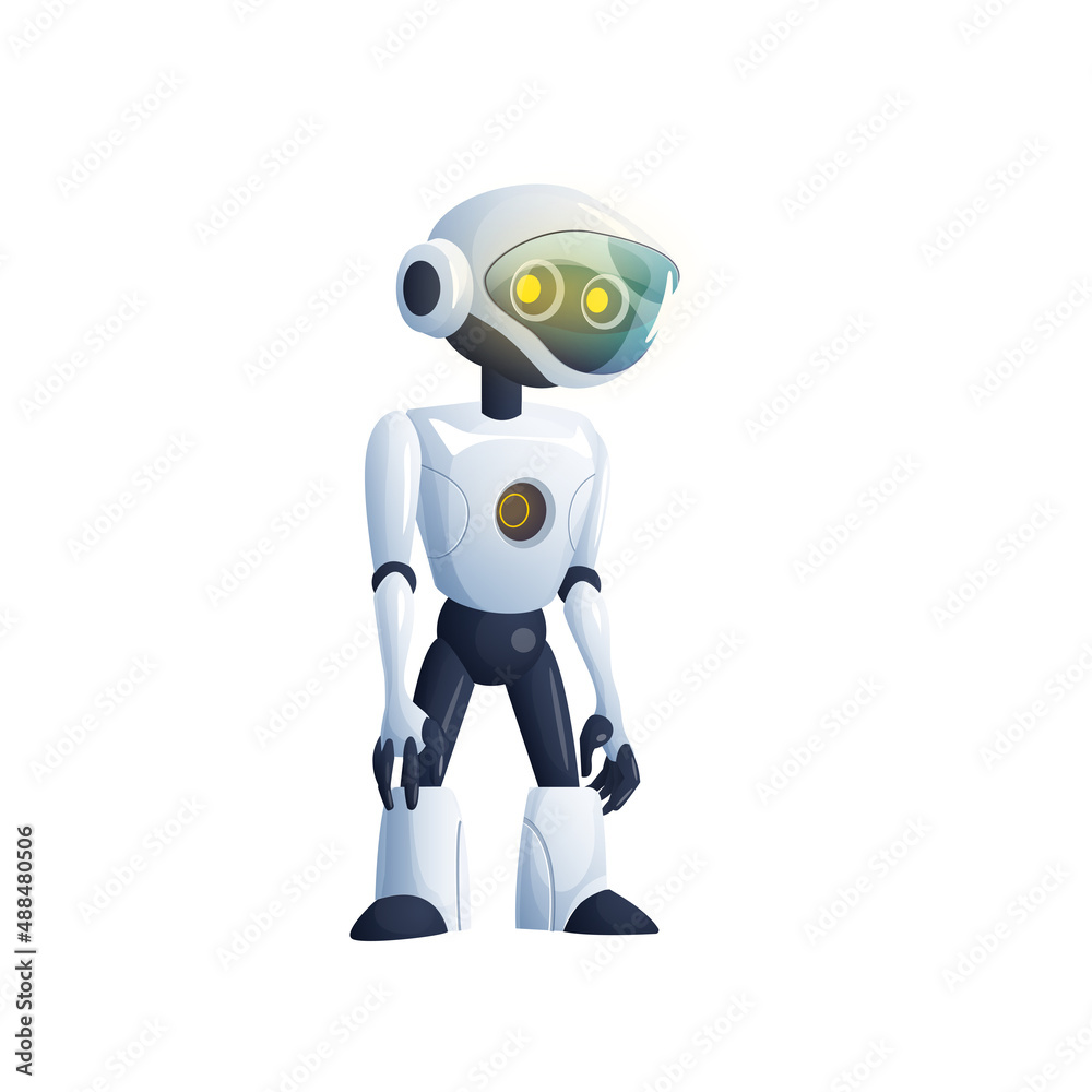 Space industry robot, humanoid sci fi machine, alien futuristic droid automation isolated cartoon character. Vector spaceman of future, artificial intelligence sky bot. Human evolution cyborg