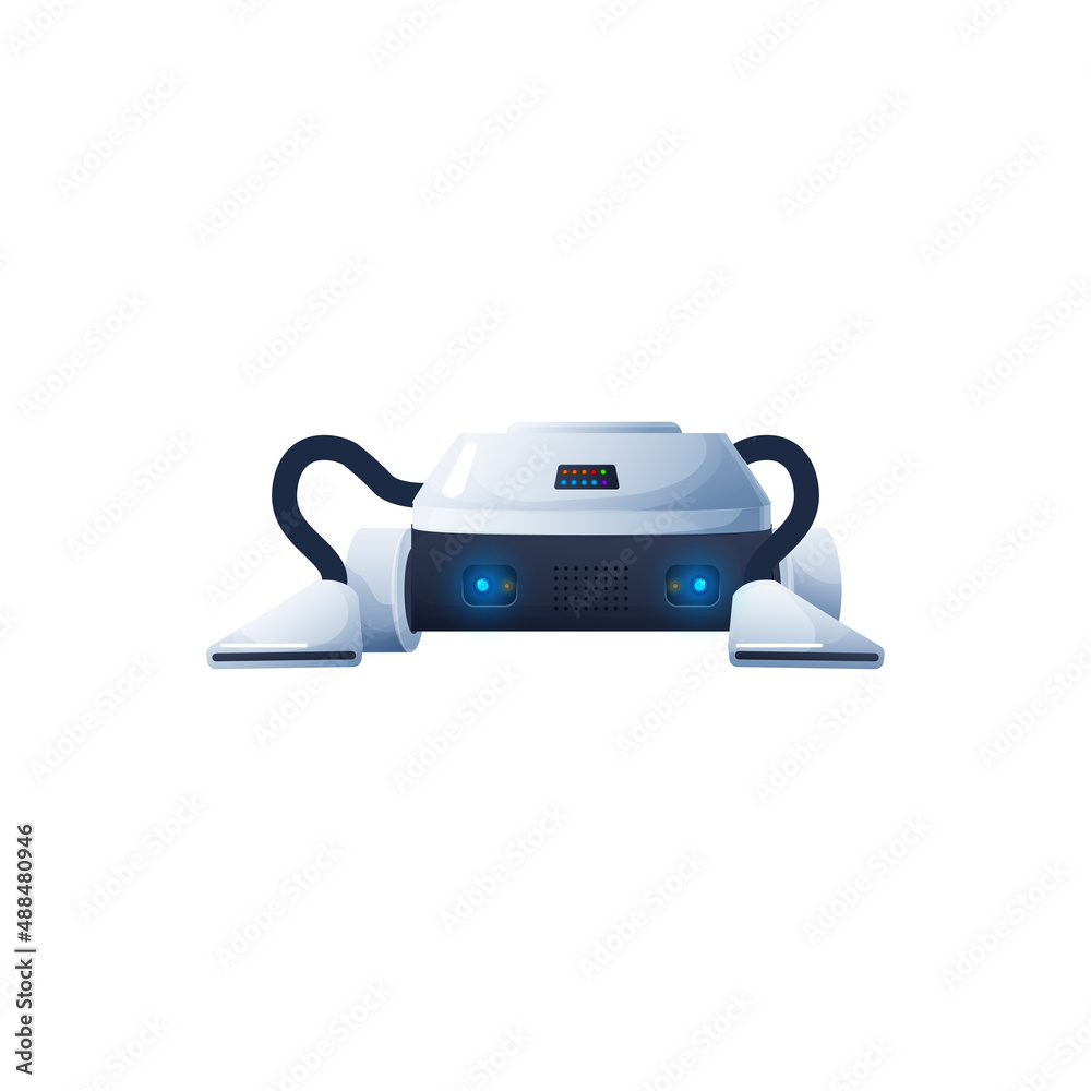 Optical flow visual navigation robot vacuum cleaner or helper, cleaning machine, electronic cyber android toy on remote control. Vector droid with interface, bionic machine of metal, plastic Optical flow visual navigation robot vacuum cleaner or helper, cleaning machine, electronic cyber android toy on remote control. Vector droid with interface, bionic machine of metal, plastic