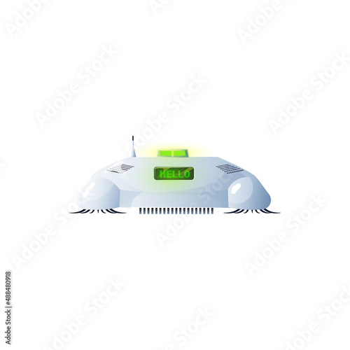 Housekeeping appliance robot vacuum cleaner VCR. Vector vacuuming object, house helper with interface on remote optical control. Electric cleaning device, dust and dirt remover, vacuuming automation