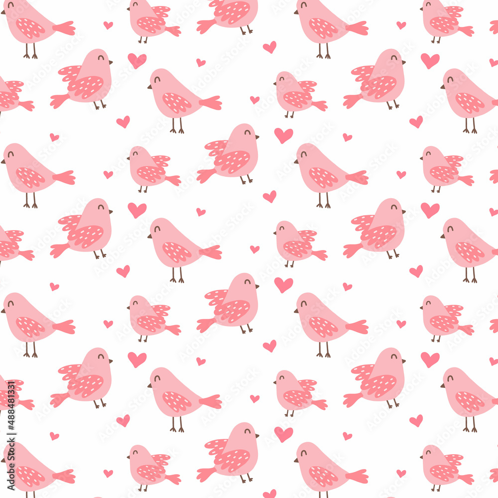 Obraz premium Seamless pattern with cute pink birds. Pattern with birds and hearts. Vector pattern in doodle style.