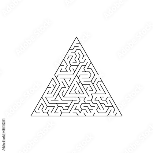 Tangled paths labyrinth maze game isolated triangle with confused ways. Vector mental conundrum, thinking logic quiz, rebus to search one solution, mental riddle, challenge with entry and exit