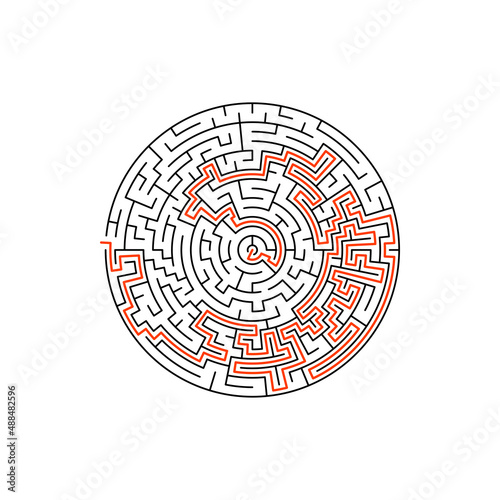 Maze game template, logic labyrinth with clue answer key isolated. Vector conundrum puzzle with shown entrance exit, round maze game riddle. Abstract logic tangled quiz, rebus on search right entry