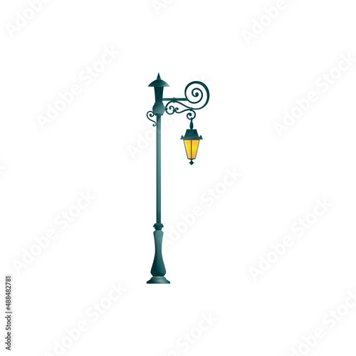 Lamppost stand on one lamp with forged decoration isolated old streetlight pillar. Vector street illumination object, antique lamp post, victorian streetlight. Urban exterior illumination, pole post