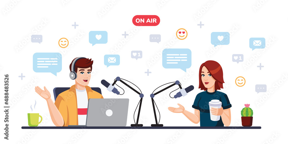 Podcast concept. Podcasters man and woman talking to microphones recording podcast in studio. Vector flat style illustration. Podcast concept. Podcasters man and woman talking to microphones recording podcast in studio. Vector flat style illustration.