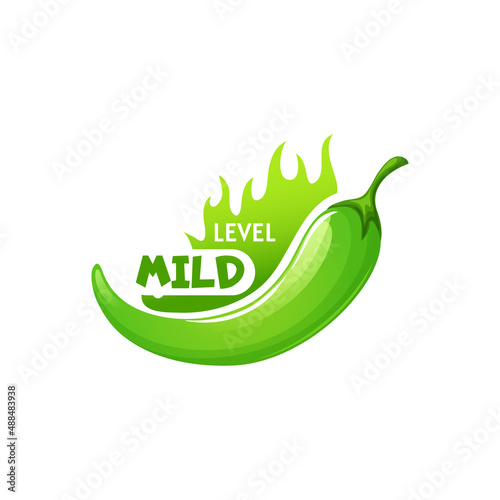 Green color mild level spicy chili pepper isolated label and fire flame, flat cartoon flavour taste meaning. Vector flavoring seasoning condiment, mild medium scale of hot in menu, salad ingredient