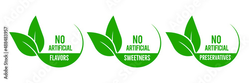 no artificial sweeteners, flavors, preservatives icon, logo set with laves vector illustration 