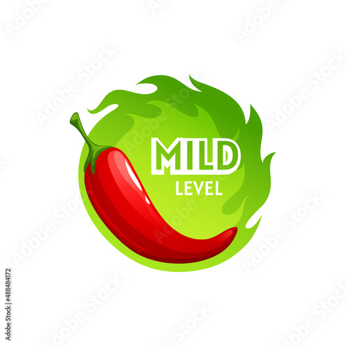 Spicy rating sticker, mild level of habanero or jalapeno cayenne ketchup flavour, cartoon sticker. Vector indicator of spicy sauce, asian cuisine seasoning condiment, flavoring fiery taste of snack