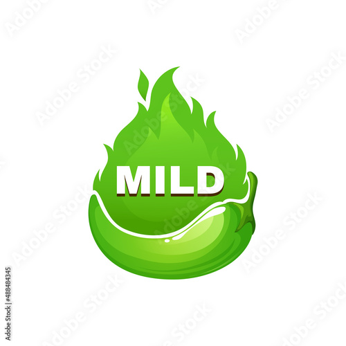 Mild level of chili pepper spicy rating sticker isolated on white cartoon label. Vector traditional Mexican and Chinese cuisine food spicy rating sticker, mild habanero cayenne ketchup flavour
