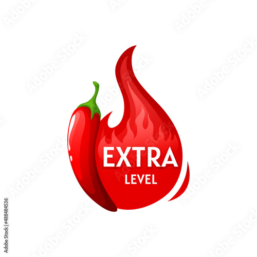 Chili habanero pepper hot taste scale maxi strength emblem, red burning fire. Vector extraordinary spicy level of jalapeno, tabasco or ketchup flavour spice. Label of asian mexican cuisine food spice
