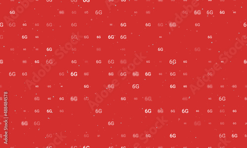 Seamless background pattern of evenly spaced white 6G symbols of different sizes and opacity. Vector illustration on red background with stars