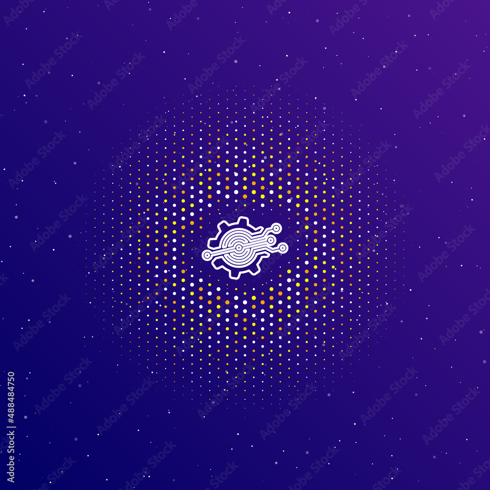 A large white contour digital tech symbol in the center, surrounded by small dots. Dots of different colors in the shape of a ball. Vector illustration on dark blue gradient background with stars A large white contour digital tech symbol in the center, surrounded by small dots. Dots of different colors in the shape of a ball. Vector illustration on dark blue gradient background with stars