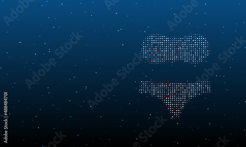 On the right is the bikini symbol filled with white dots. Background pattern from dots and circles of different shades. Vector illustration on blue background with stars