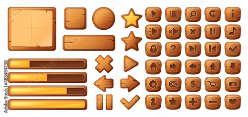 Wooden buttons for game user interface, user interface elements isolated on white background. vector cartoon illustration.