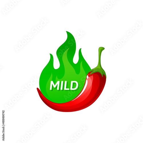 Spicy chili pepper cartoon sticker indicator, green sauce level mild. Vector spicy rating habanero jalapeno cayenne ketchup flavour. Traditional Mexican and Chinese asian cuisine spicy food