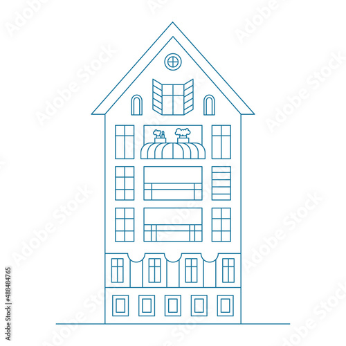 Line art vector neighborhood illustration with one house. Cityscape with blue residential building.