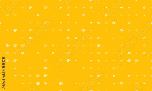 Seamless background pattern of evenly spaced white digital tech symbols of different sizes and opacity. Vector illustration on amber background with stars