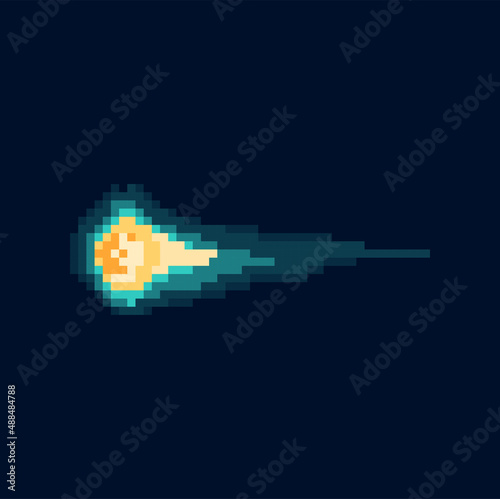 Meteor shower falling comet or star in fire pixel art element  abstract space falling bright star. Vector light and flying stone neon glowing rays. Shooting star in outer space  universe asteroid