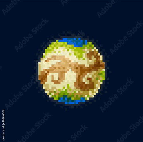 Planet of pixel patterns, cartoon alien world, discovery of universe, galaxy, outer space. Vector round surface globe, celestial body 8 bit game design element. Vector habitable planet of solar system